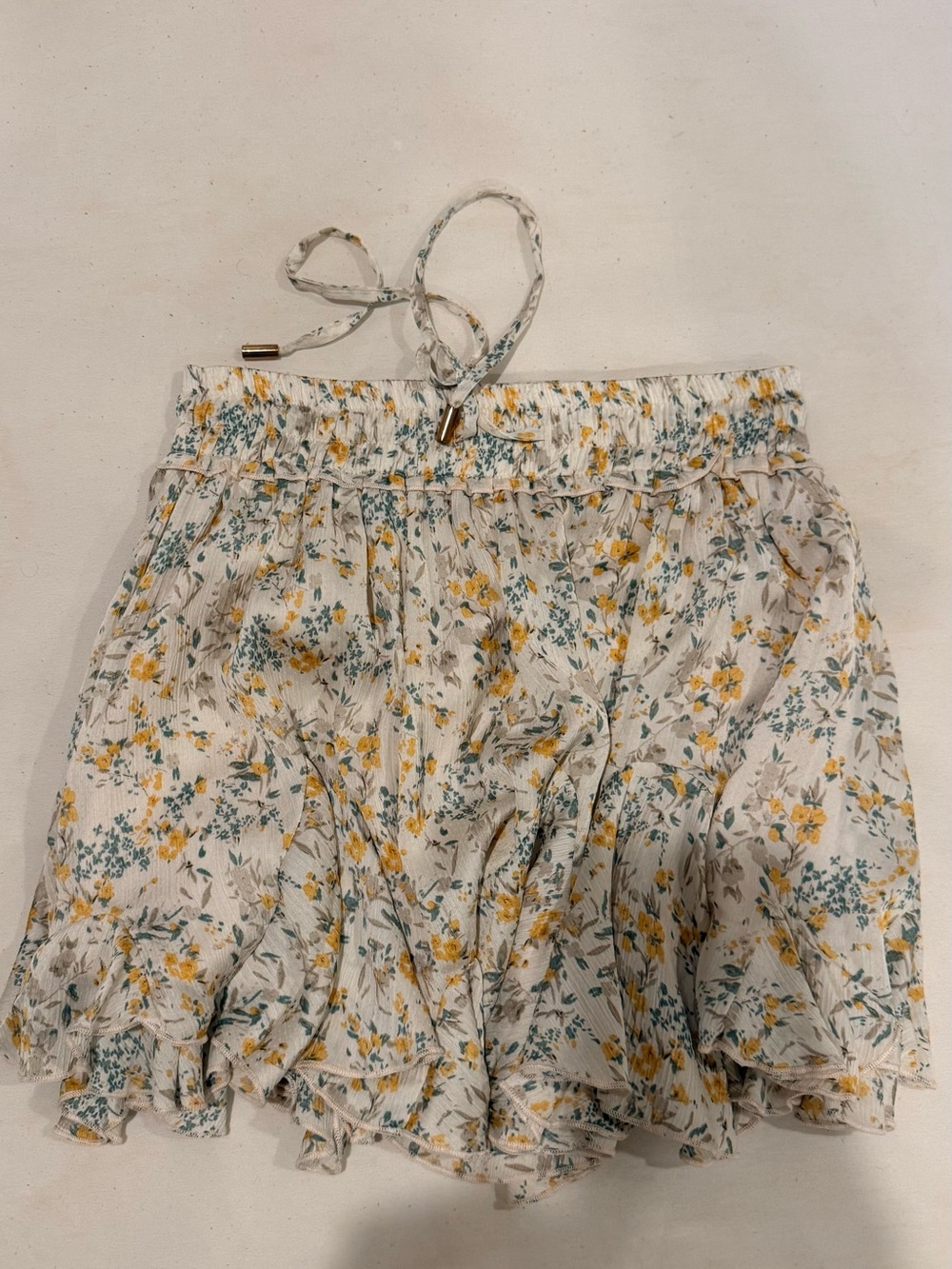 bishop + young Cream Floral Smocked Ruffle Flowy Mini Skirt